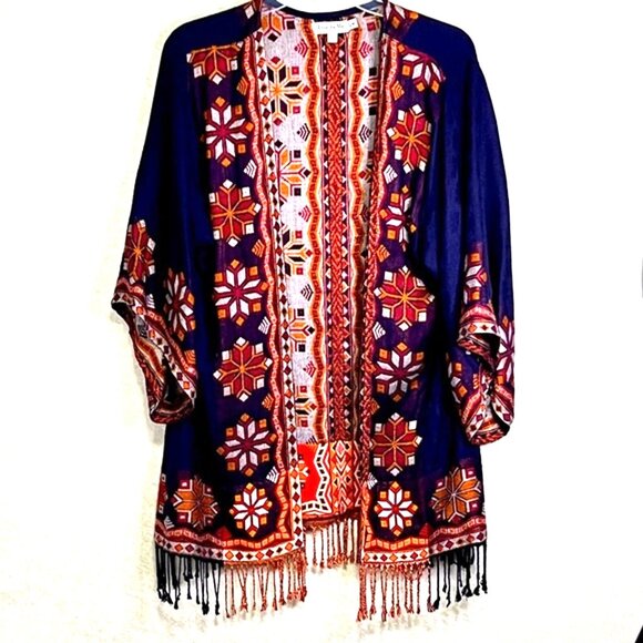 TIME FOR ME Aztec Print Cardigan with Fring Blue/Red Oversized Boho Size S/M - Picture 1 of 10